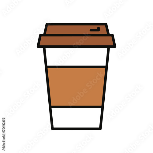 A takeout coffee cup with a brown lid and sleeve, set against a plain background, ideal for beverage themes