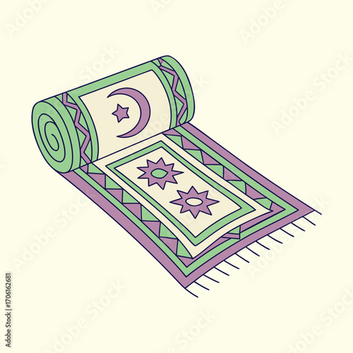 Islamic prayer rug. A hand-drawn vector of a Muslim prayer mat (sajjada) with a crescent moon and star for Ramadan or Eid