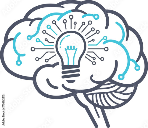 Brilliant idea sparks in futuristic digital brain with glowing lightbulb illuminating innovative concept connections