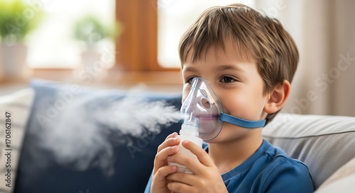 Young boy using a nebulizer for respiratory treatment at home.