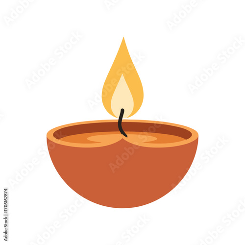 A vibrant clay oil lamp with a flickering flame, symbolizing light and celebration in a serene setting
