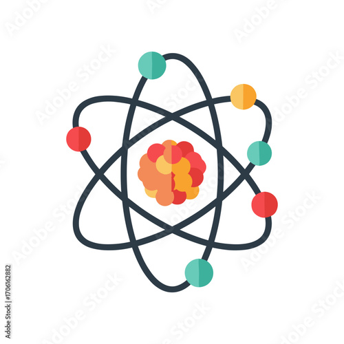 Colorful illustration of an atom with orbiting electrons, symbolizing scientific innovation and research