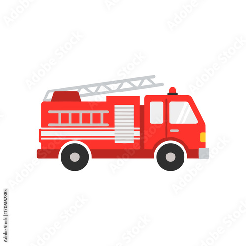 Colorful illustration of a fire truck with a ladder, parked on a white background, ideal for educational materials