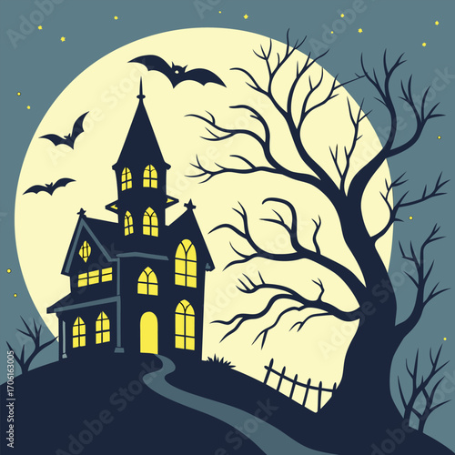 Spooky vector illustration of a haunted castle and scary house on a hill with bats and a full moon, perfect for a Halloween celebration