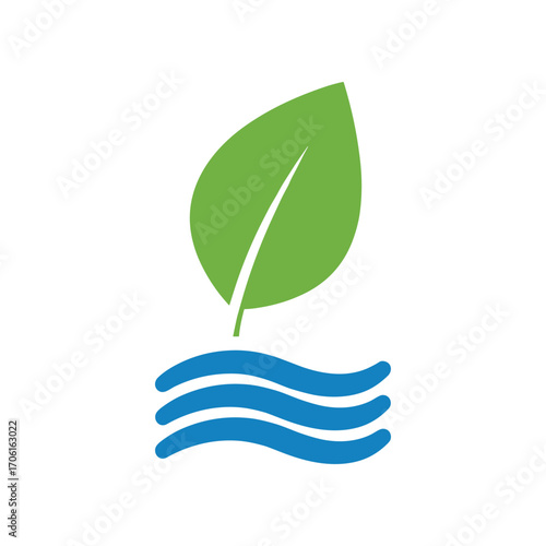 A vibrant green leaf emerging from blue waves, symbolizing nature and sustainability