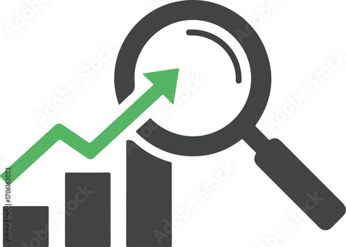 Magnifying glass inspects upward trending bar graph with green arrow signifying growth and success in business analytics