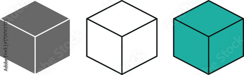 Set of Three Isometric Cubes Gray Solid, White Outline, and Teal Filled Design