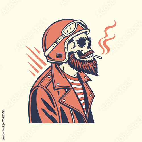 A vintage vector illustration of a bearded skeleton biker in a helmet and leather jacket smoking a cigarette. A retro skull mascot for a t-shirt design.