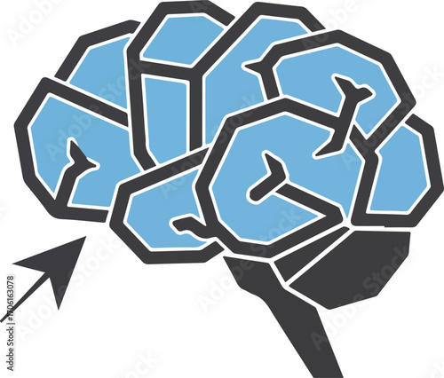 Modern stylized brain icon with directional arrow pointing to key area, symbolizing focus, ideas, or cognitive function
