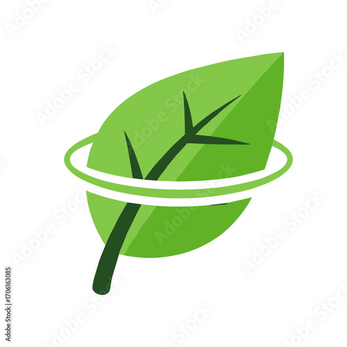 A vibrant green leaf with a circular outline, symbolizing nature and sustainability in a clean design