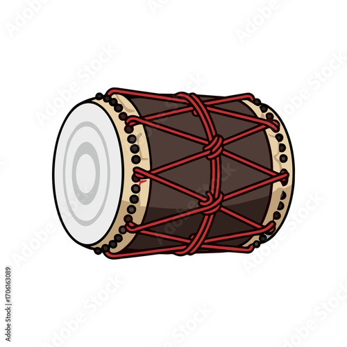 Colorful traditional drum with intricate rope design, placed against a simple white background