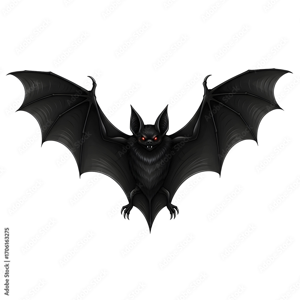 Fototapeta premium Spooky Black Bat with Glowing Red Eyes, Halloween Illustration