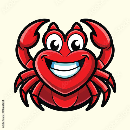A funny red cartoon crab with a big smile and claws, an illustration of a cute marine animal