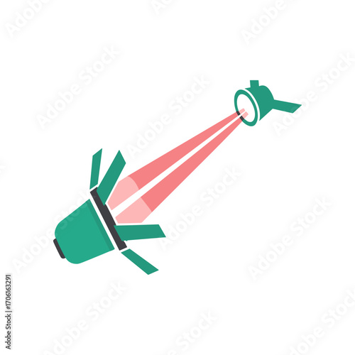 A vibrant green spotlight emitting red beams, illuminating a stage with dynamic lighting effects