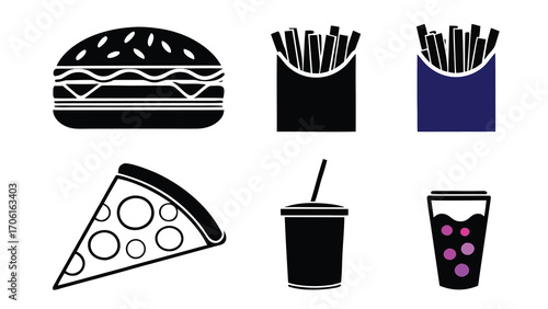 Fast food icons set with burger fries pizza and soda drink
