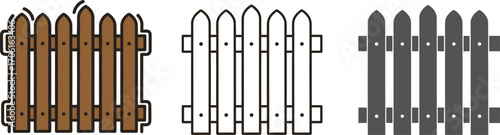 Set of Three Simple Wooden Fence Illustrations in Brown, Outline, and Gray