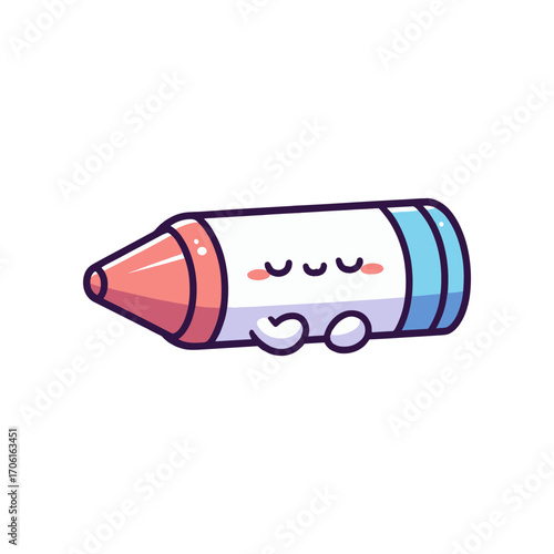 Cute cartoon crayon character sleeping peacefully, surrounded by colorful art supplies in a bright studio