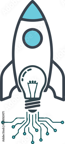 Dynamic rocket launch powered by a brilliant light bulb concept, symbolizing innovation, startup success, and technological advancement in a vibrant digital space.