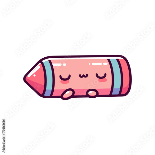 Cute cartoon crayon character with closed eyes, resting on a white background, ideal for children's art
