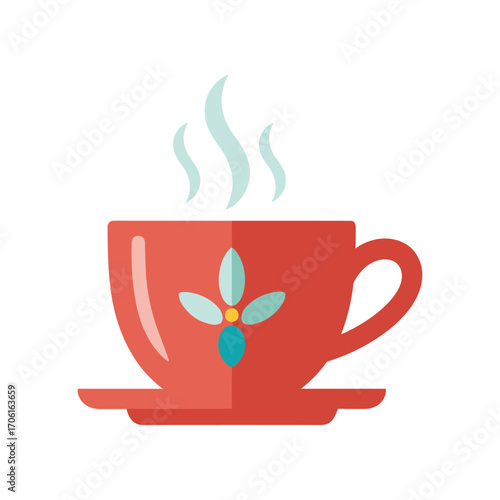 A vibrant red coffee cup with steam rising, set on a matching saucer against a white background