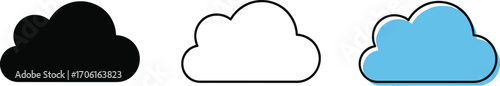 Set of Weather Icons Black Cloud Shape, Outline Style, and Blue Cloud with Black Border