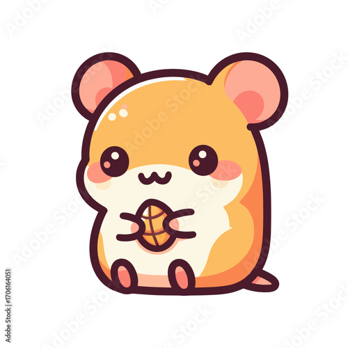 Cute cartoon hamster holding a nut, smiling happily, with a simple white background