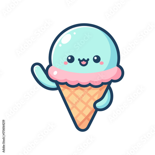 Cute cartoon ice cream cone character waving cheerfully with a pastel color scheme