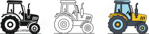 Set of Three Tractor Icons in Black Silhouette, Line Art, and Colored Design