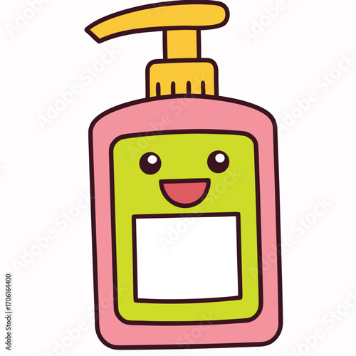 Cute cartoon soap dispenser with smiling face icon
