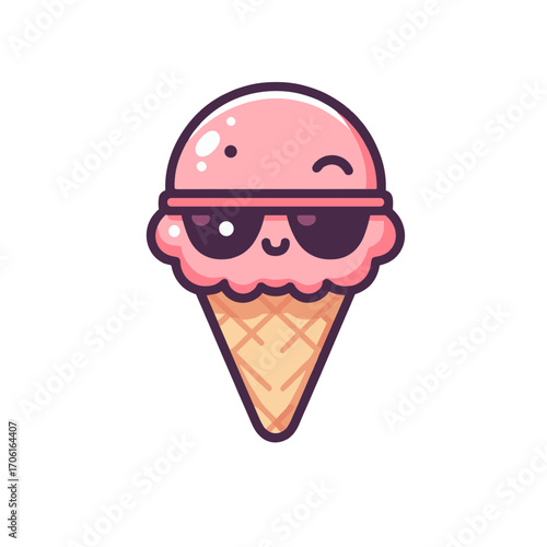 Cute cartoon ice cream cone with a smiling face and sunglasses against a plain background