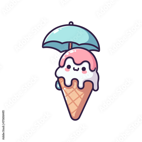 Cute cartoon ice cream cone with a smiling face and an umbrella, set against a simple background