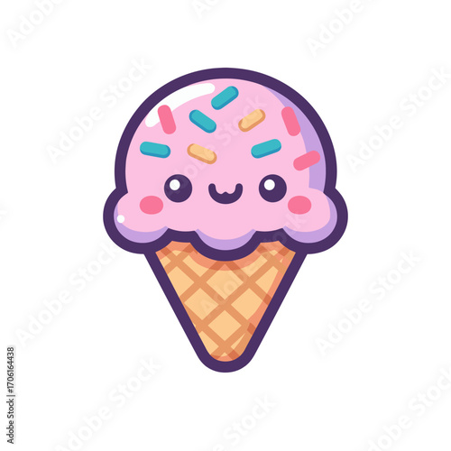 Cute cartoon ice cream cone with pink scoop and colorful sprinkles on a white background (1)