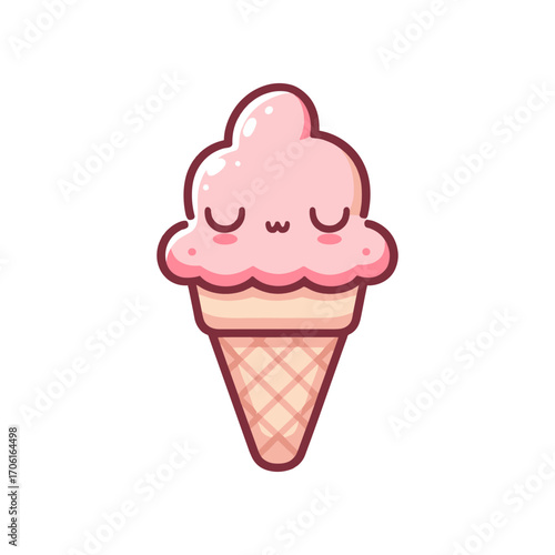 Cute cartoon ice cream cone with pink scoop, smiling face, on a plain white background