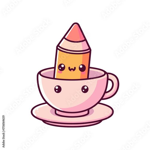 Cute cartoon illustration of a smiling pencil in a teacup on a saucer with a playful background