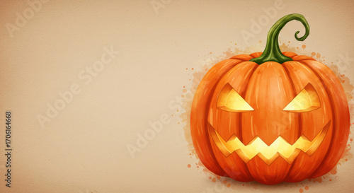 Glowing Jack-O'-Lantern with Spooky Expression on Vintage Background | Warm Halloween Glow | Concept of Seasonal Invitations, Festive Banners, Holiday Social Media