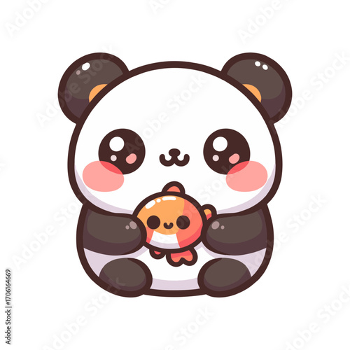 Cute cartoon panda character holding a small fish toy, set against a simple white background