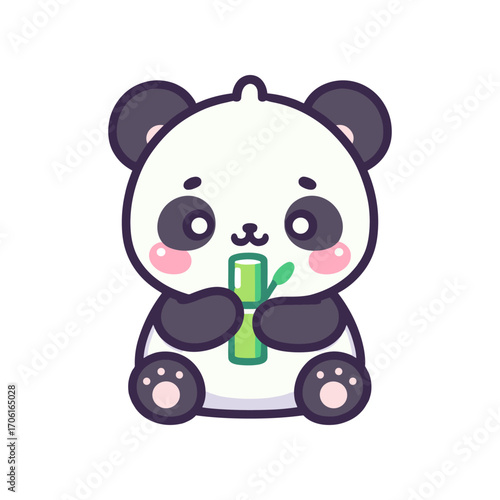 Cute cartoon panda holding a bamboo shoot, set against a simple white background, ideal for children's illustrations