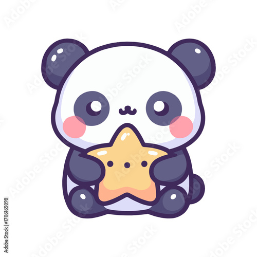 Cute cartoon panda holding a star-shaped cookie, set against a simple white background