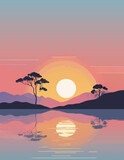 tropical landscape sunset cartoon vector illustration