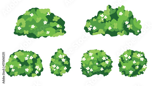 Cartoon shrub bush set. Garden green decoration bushes, illustrated hedge shrubs plants isolated on white
