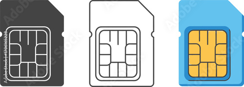 SIM Card Icon Set in Black Outline and Blue Variant, Chip Details