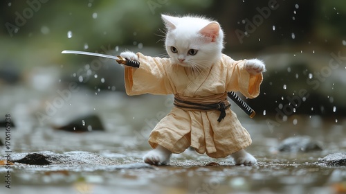 Upside down white cat in samurai clothing holding sword above tranquil lake.