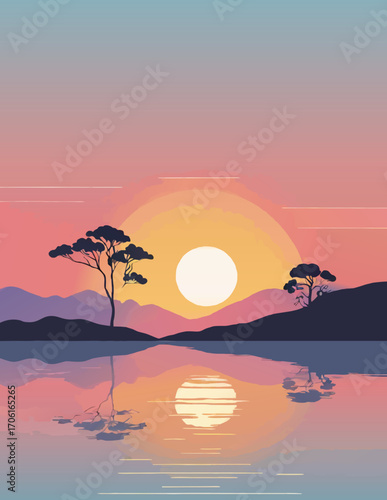 tropical landscape sunset cartoon vector illustration