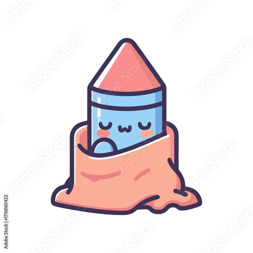 Cute cartoon pencil character snuggled in a cozy blanket, conveying warmth and comfort