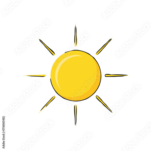 Bright yellow sun illustration with rays, symbolizing warmth and summer joy, ideal for seasonal themes