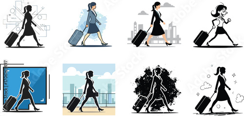 Businesswoman walking with suitcase, travel and business trip concept, professional woman traveler, airport luggage, corporate travel illustrations set