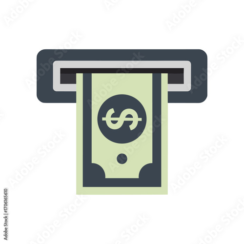 Cash being dispensed from an ATM machine in a modern urban setting with clear surroundings