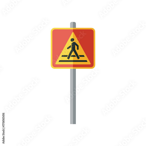 Caution pedestrian crossing sign on a pole in an urban setting with clear visibility
