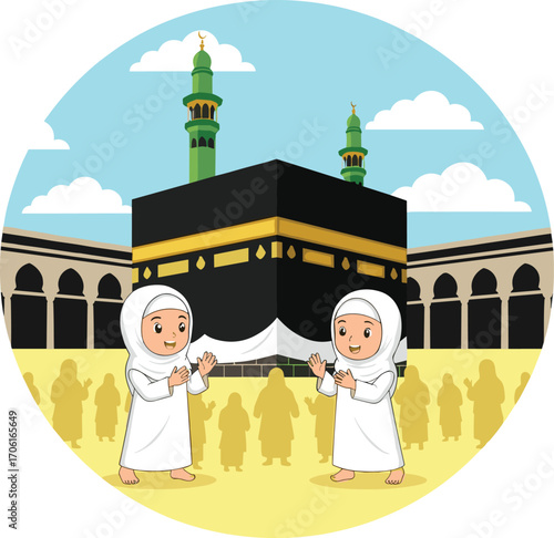 PrintTwo happy Muslim kids praying and celebrating in front of Kaaba during Hajj or Umrah pilgrimage, surrounded by pilgrims.