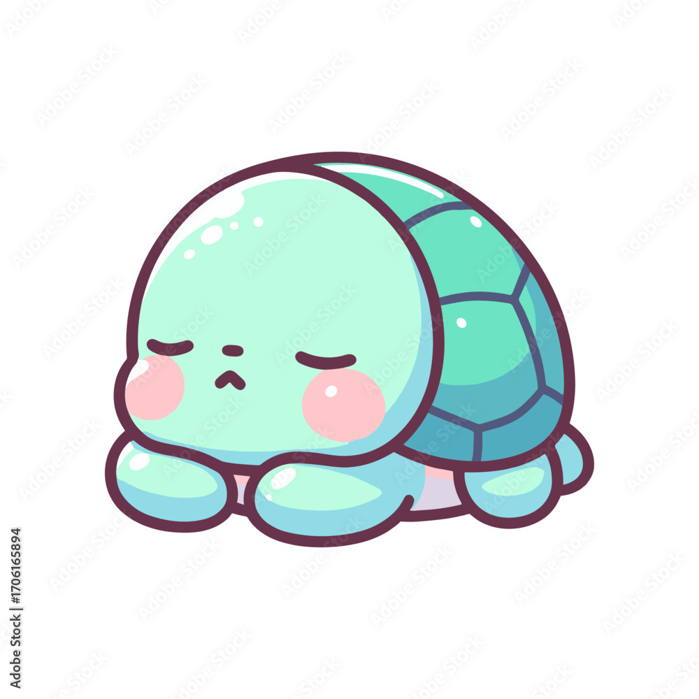 Obraz premium Cute cartoon turtle resting peacefully with a soft expression, ideal for children's illustrations